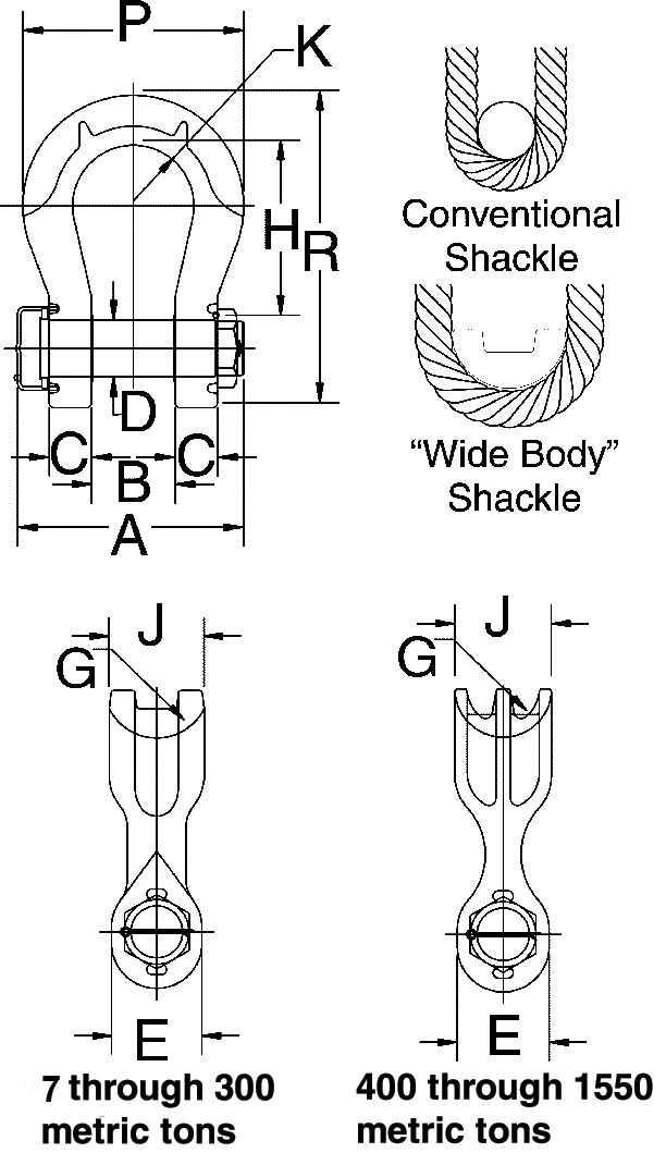 Crosby G-2160E Alloy Bolt Type Wide Body Shackle measurements