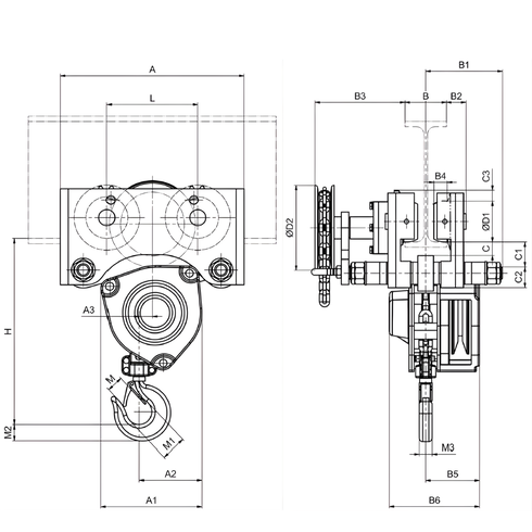 Dessin technique du palan manuel 24/12 HR avec chariot à pousser