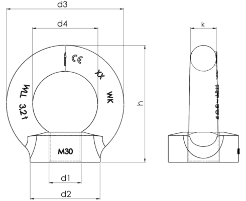 Schéma de l'anneau de levage femelle DIN 582
