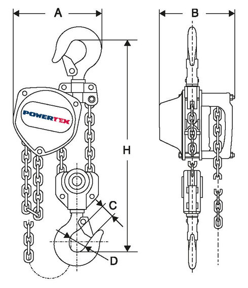 POWERTEX Chain hoist measurements from 3 to 5 tons.