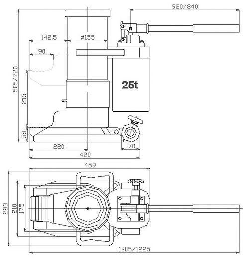 Schéma du cric hydraulique PTJ-S1 POWERTEX 25 tonnes