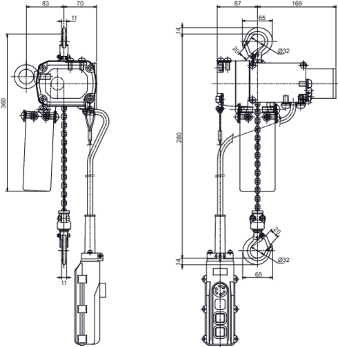 Dessin technique du palan électrique à chaîne BETA 230 V ELEPHANT