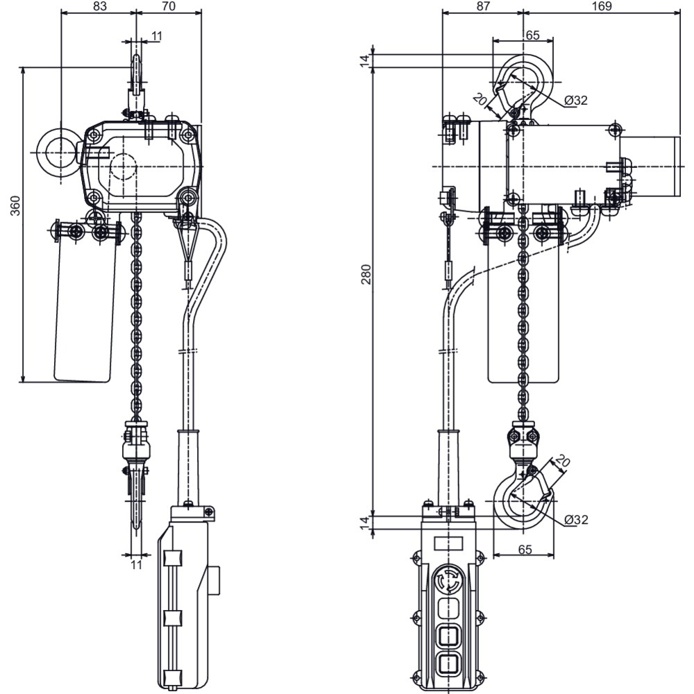 Dessin technique du palan électrique à chaîne BETA 230 V ELEPHANT