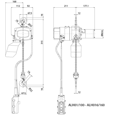 Dessin technique du palan électrique à chaîne Alpha 230 V monophasé ELEPHANT