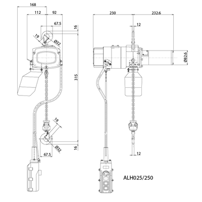 Dessin technique du palan électrique à chaîne Alpha 230 V monophasé ELEPHANT