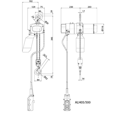 Dessin technique du palan électrique à chaîne Alpha 230 V monophasé ELEPHANT