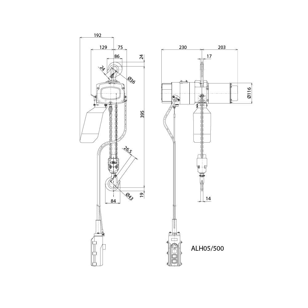 Dessin technique du palan électrique à chaîne Alpha 230 V monophasé ELEPHANT