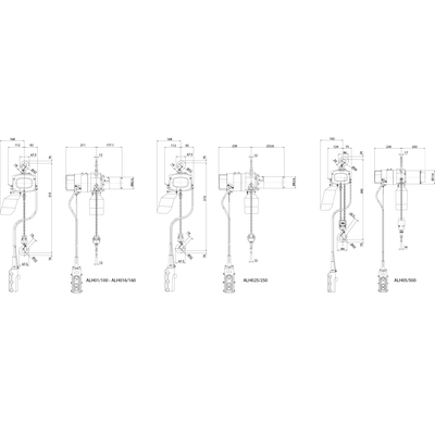 Dessin technique du palan électrique à chaîne Alpha 230 V monophasé ELEPHANT