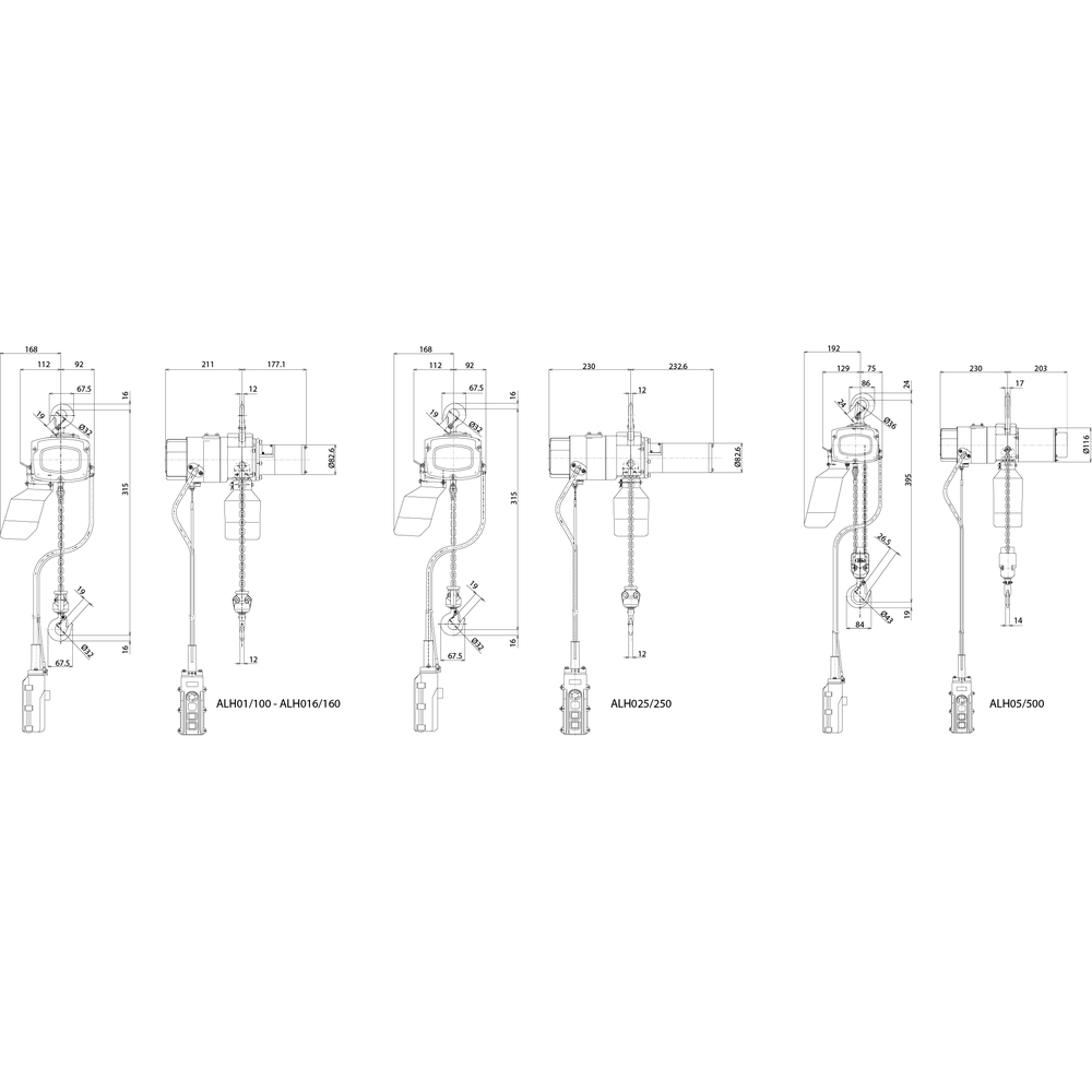 Dessin technique du palan électrique à chaîne Alpha 230 V monophasé ELEPHANT