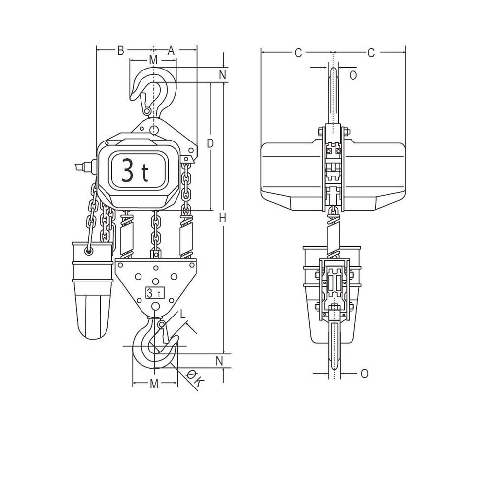 Dessin technique du palan électrique à chaîne FAH 400V ELEPHANT 3t