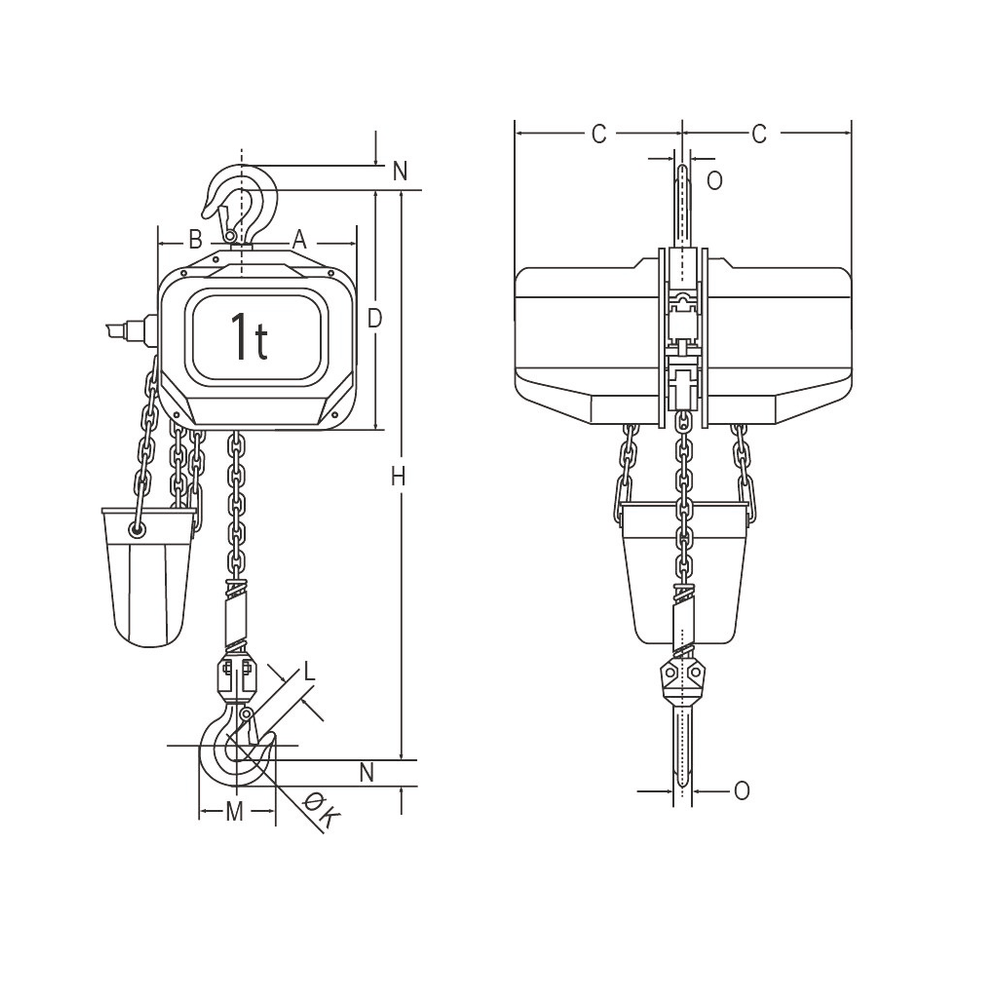 Dessin technique du palan électrique à chaîne ELEPHANT type FBH 400V 1t