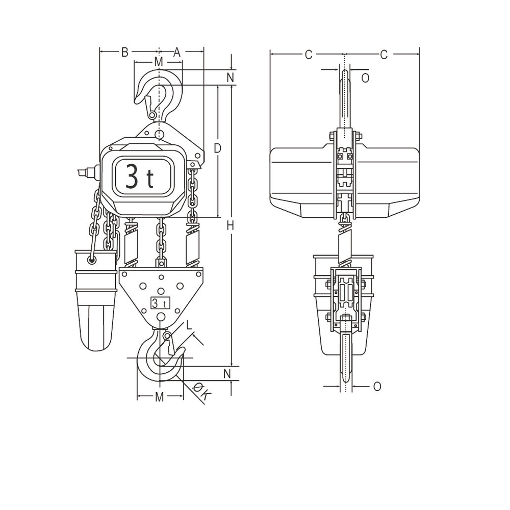 Dessin technique du palan électrique à chaîne ELEPHANT type FBH 400V 3t