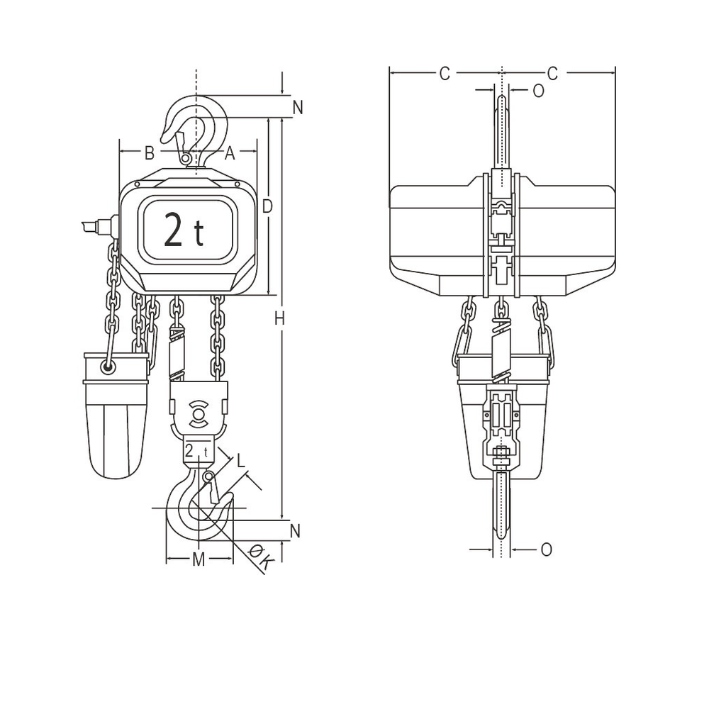 Dessin technique du palan électrique à chaîne ELEPHANT type FBH 400V 2t
