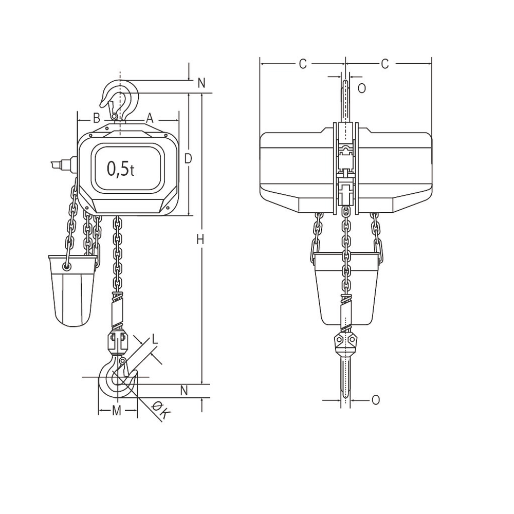 Dessin technique du palan électrique à chaîne ELEPHANT type FBH 400V 0.5t