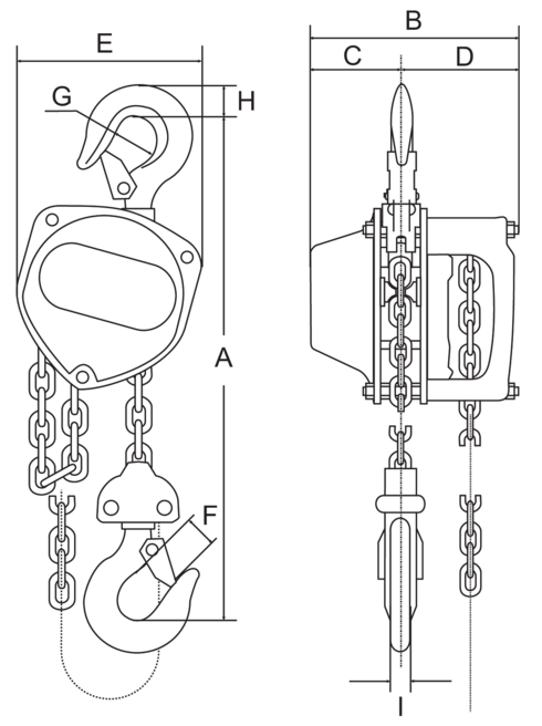 Dessin technique du palan manuel à chaîne HOISTMAN ELEPHANT