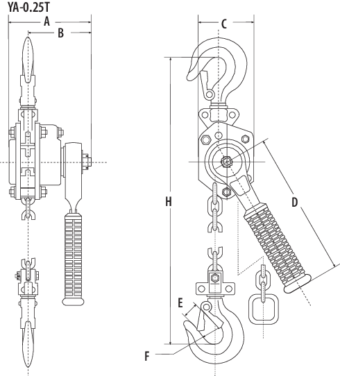 Dessin technique du palan à levier YA mini  ELEPHANT CMU 0.25T
