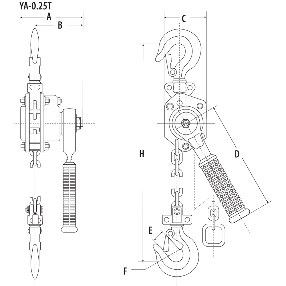 Dessin technique du palan à levier YA mini  ELEPHANT CMU 0.25T