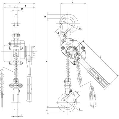 Dessin technique du palan à levier YAM mini ELEPHANT