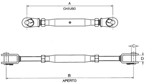 Drawing of the turnbuckle with welded forks Stainless Steel